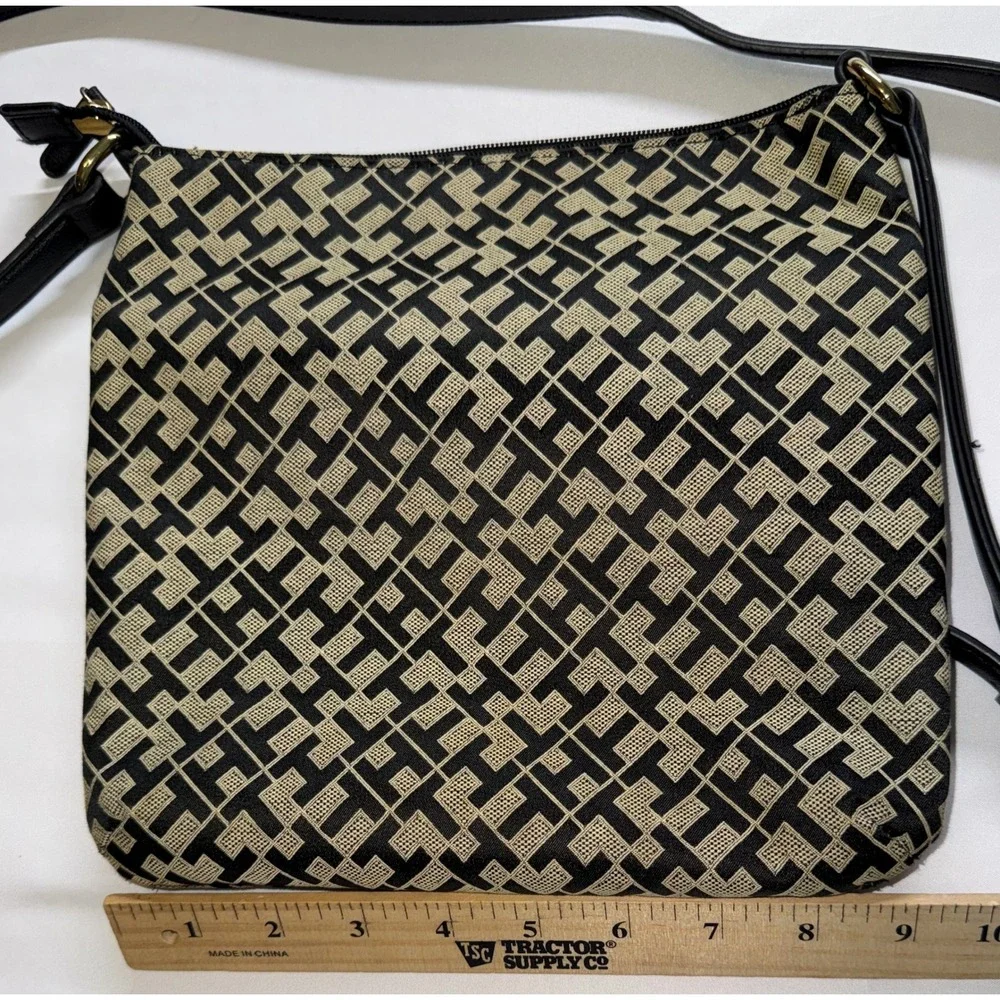 Tommy Hilfiger Crossbody Bag Womens Small Black Tan Monogram Jacquard Purse